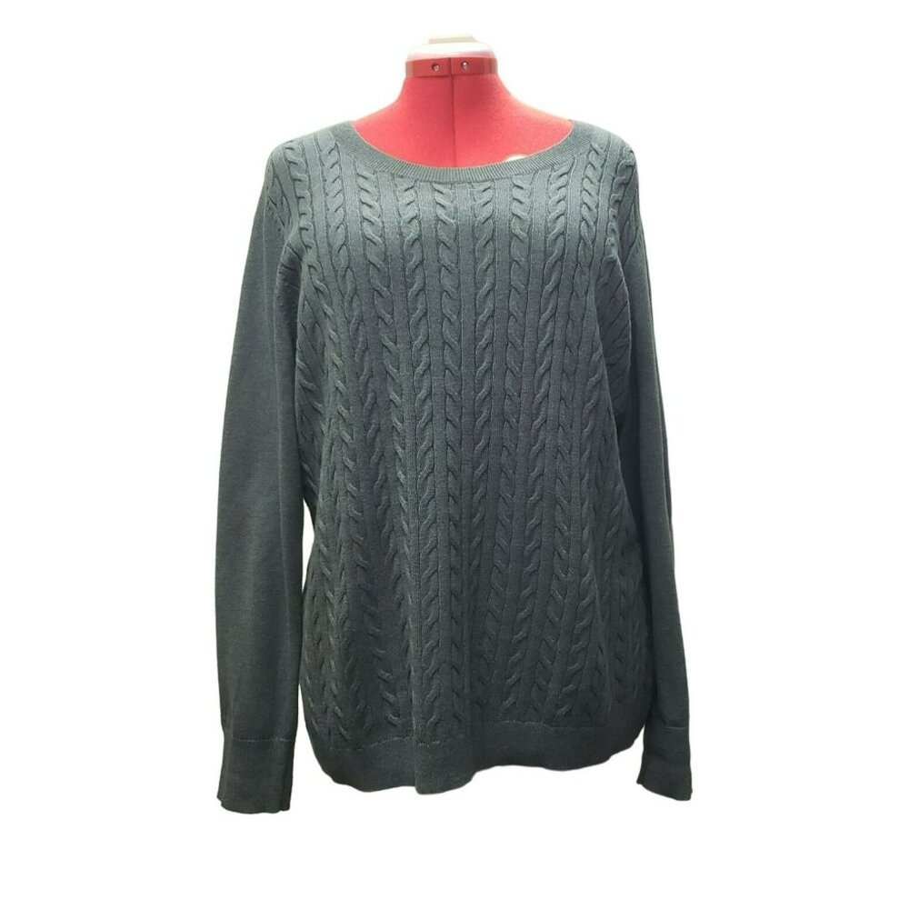 Talbots Woman Green Sweater, Sz 2X, Cotton Poly Wool Blend, L/S Cable Knit